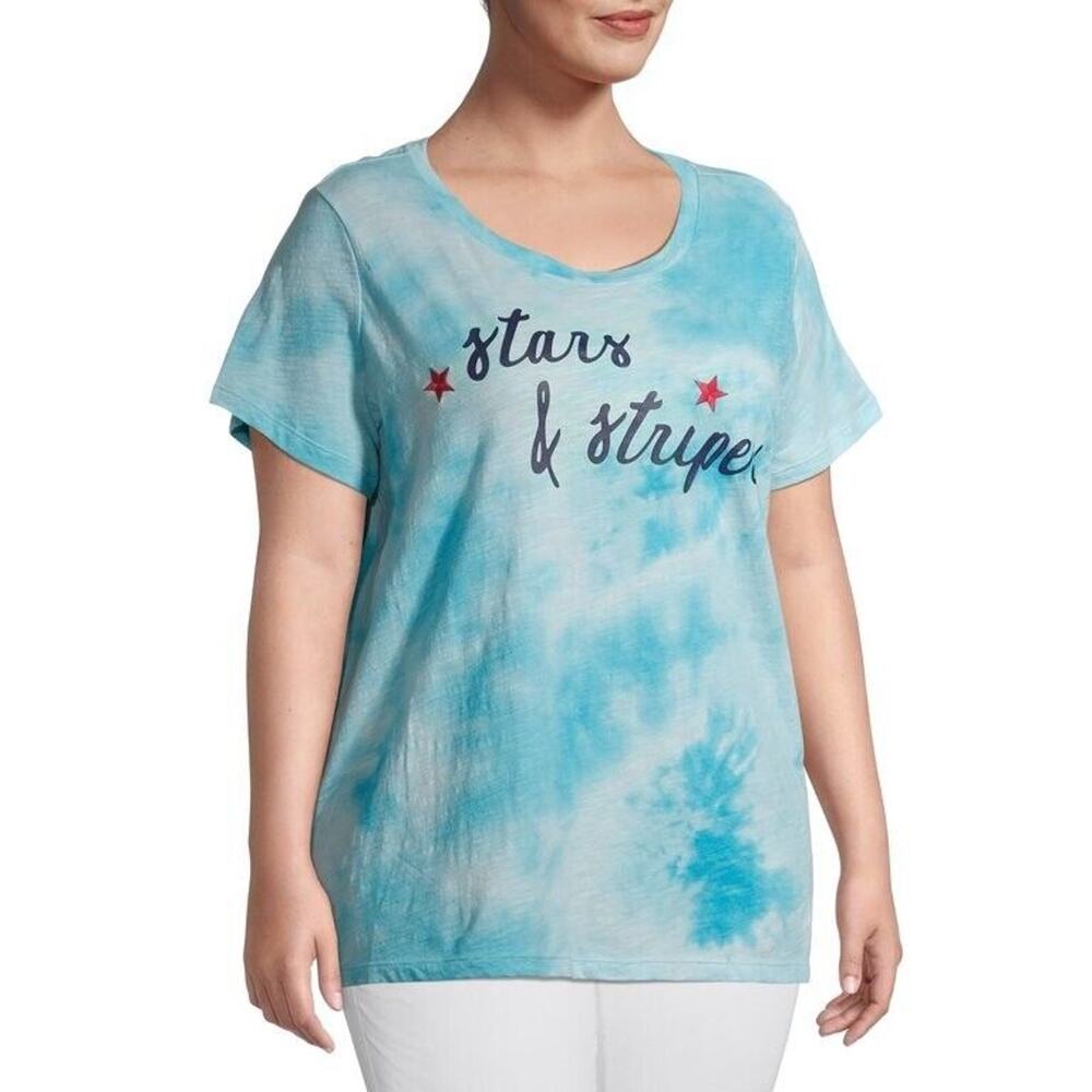 Terra & Sky Blue Tie Dye Stars & Stripes Slub Short Sleeve Top Womans Size 2X
